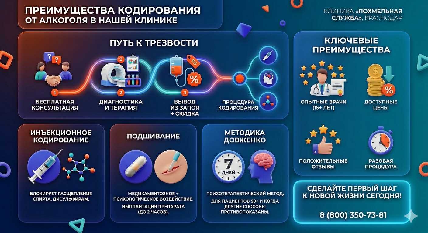Инфографика о методах кодирования от алкоголя в Калуге: инъекции, подшивание, метод Довженко. Преимущества клиники и этапы лечения.